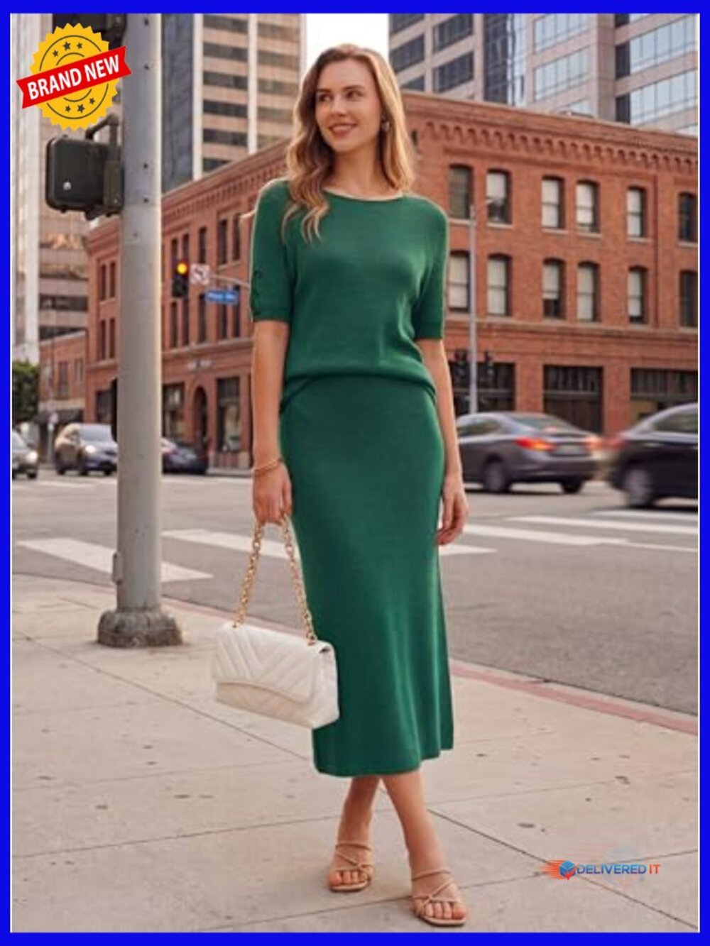 Wool Blend 2 Piece Skirt Set Short Sleeve Top Midi Dress Outfits - Picture 2 of 7